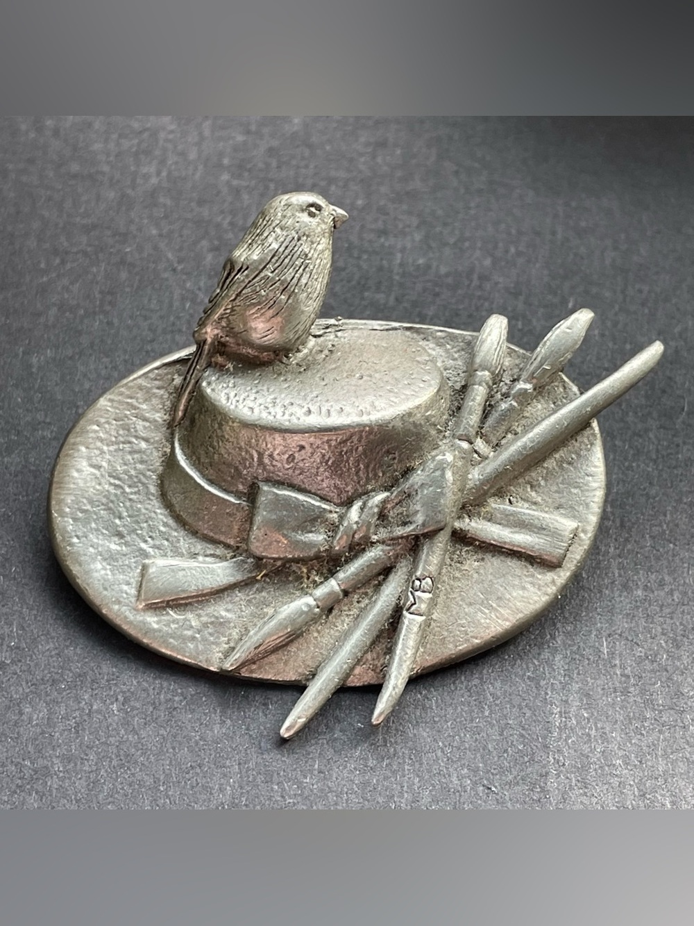 Vintage Marjolein Baskin Pewter Artist Bird on Hat Brushes Hallmark